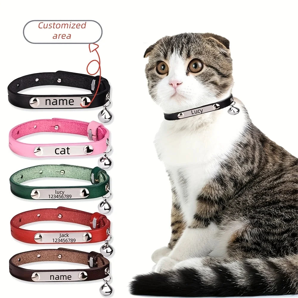 Cat Collar Personalized with Bell, First Layer Leather Custom Engraved NamePlate ID Tag Phone Number, Cute Pet Puppy Kitten Coll