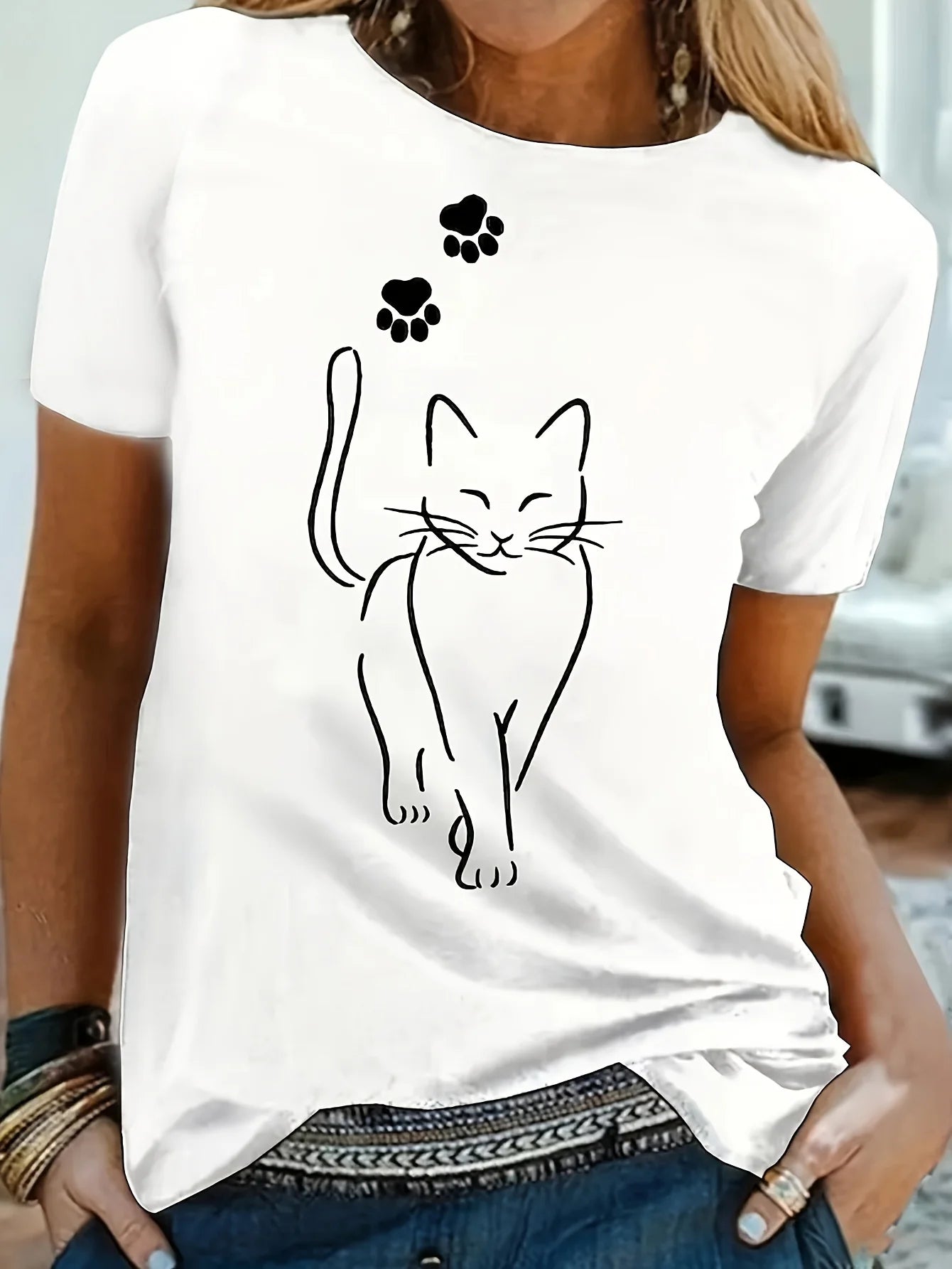 Cat Print T-shirt Short Sleeve Crew Neck Casual Top for Summer & Spring Women's Clothing