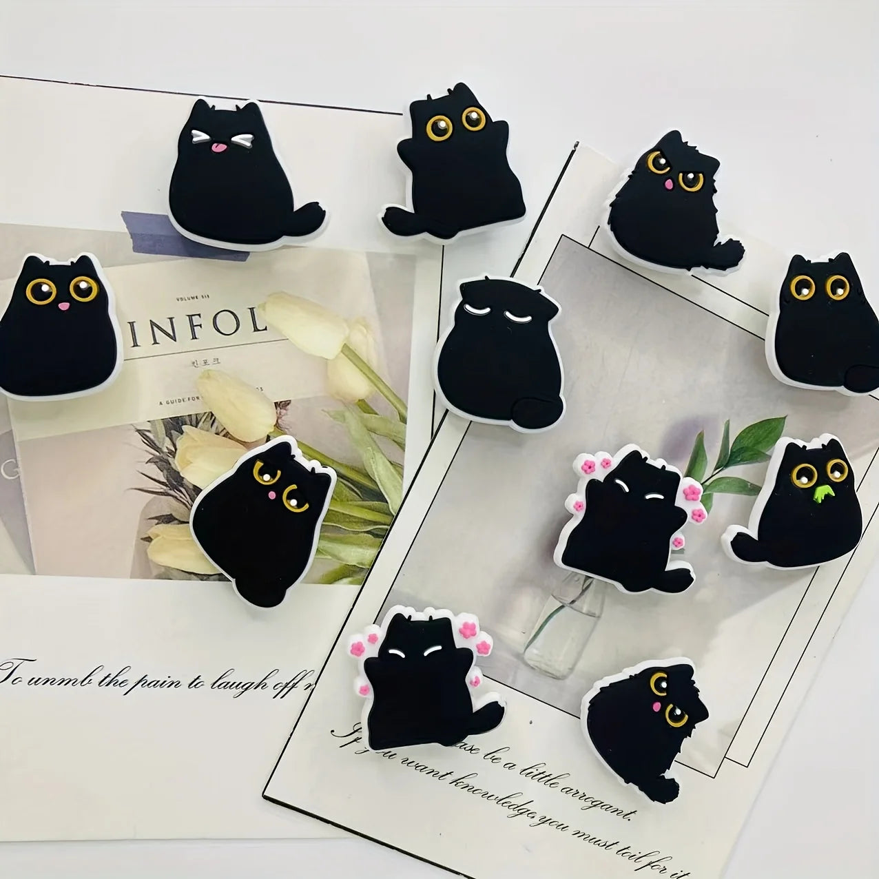 6/9pcs Kawaii Chubby Black Cat Fridge Magnets, Decorative Plastic Resin, Multi-Use for Kitchen and Office, Ideal Holiday Gift