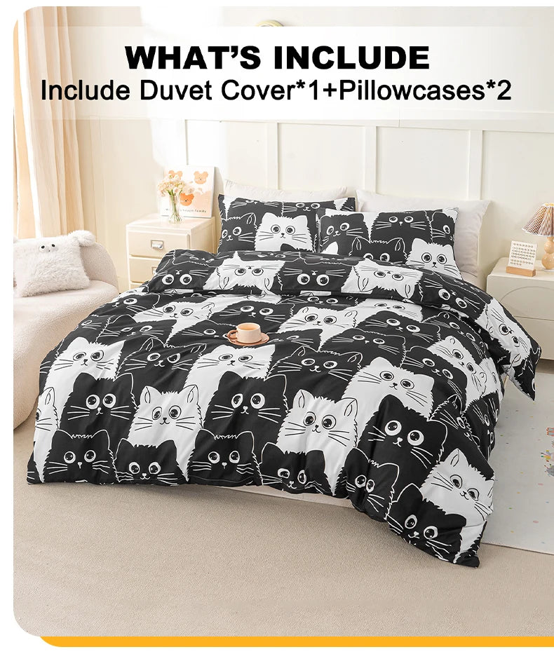 3pcs Cat Print Duvet Cover Set, Soft Skin-Friendly Bedding Set Includes 1 Duvet Cover And 2 Pillowcases
