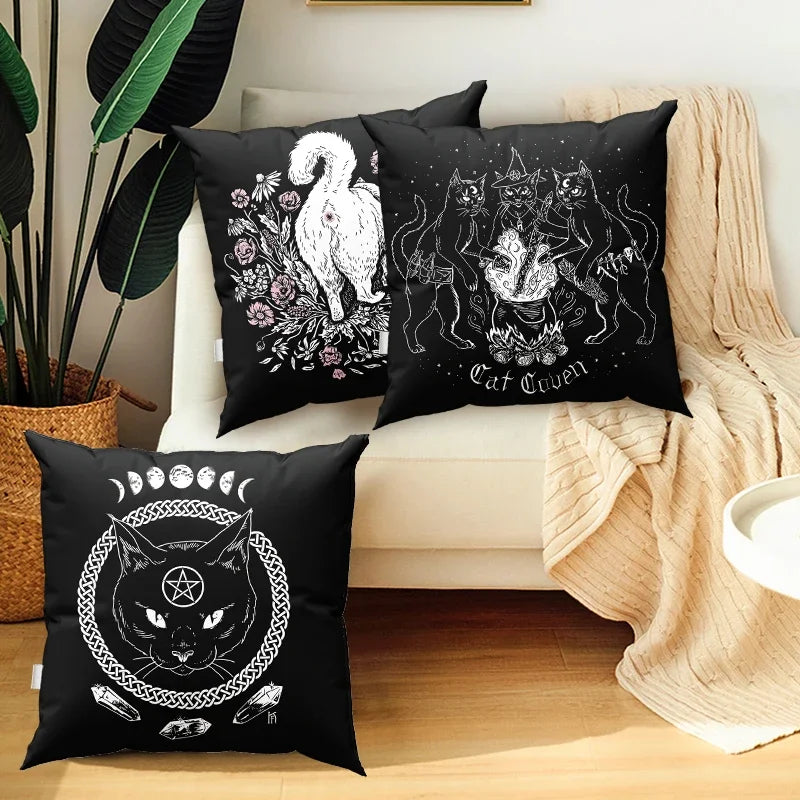 Cat Mysterious Divination Witchcraft Cushion Cover Pillow  Black Polyester Throw  Home Decoration