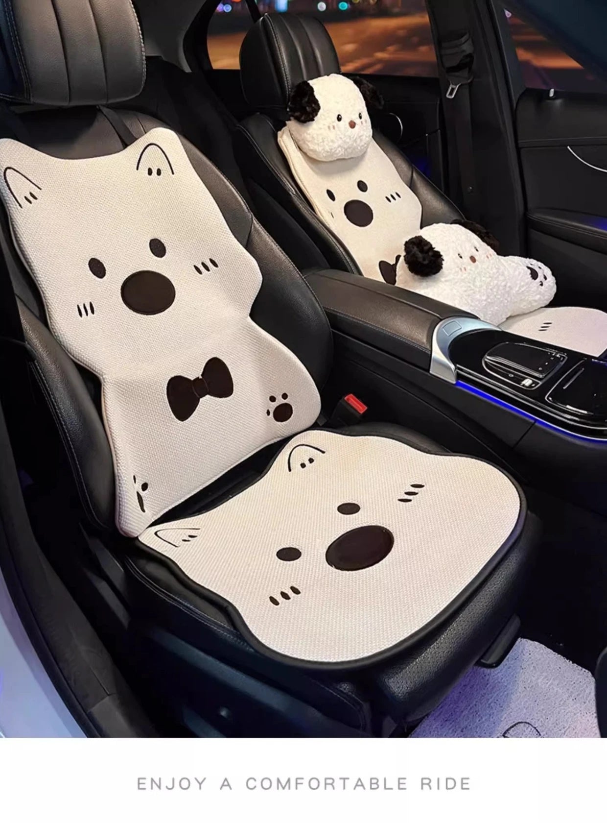 Car Seat Cushion Cute Cat Lumbar Support Headrest Car Accessories Breathable Linen Fabric  Car Half Pack Seat Cover