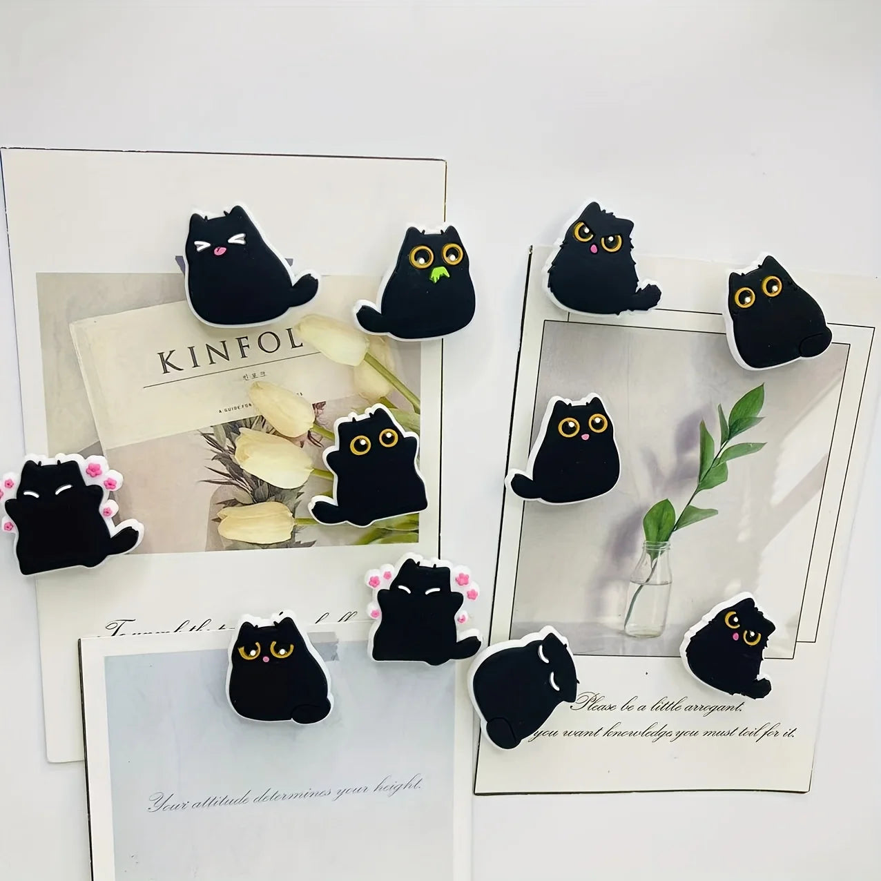 6/9pcs Kawaii Chubby Black Cat Fridge Magnets, Decorative Plastic Resin, Multi-Use for Kitchen and Office, Ideal Holiday Gift