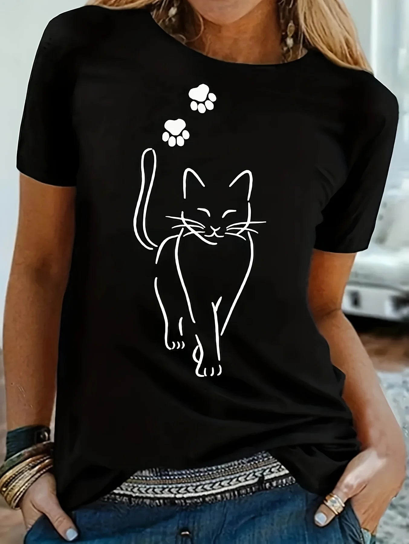 Cat Print T-shirt Short Sleeve Crew Neck Casual Top for Summer & Spring Women's Clothing