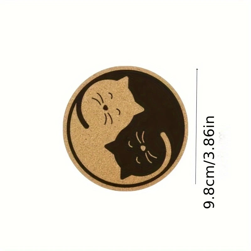 6 PCS 2D Wooden Coasters Wooden Color Cat Pattern Theme Desktop Insulation Mats Home Decor Coffee Cup Coasters For Office