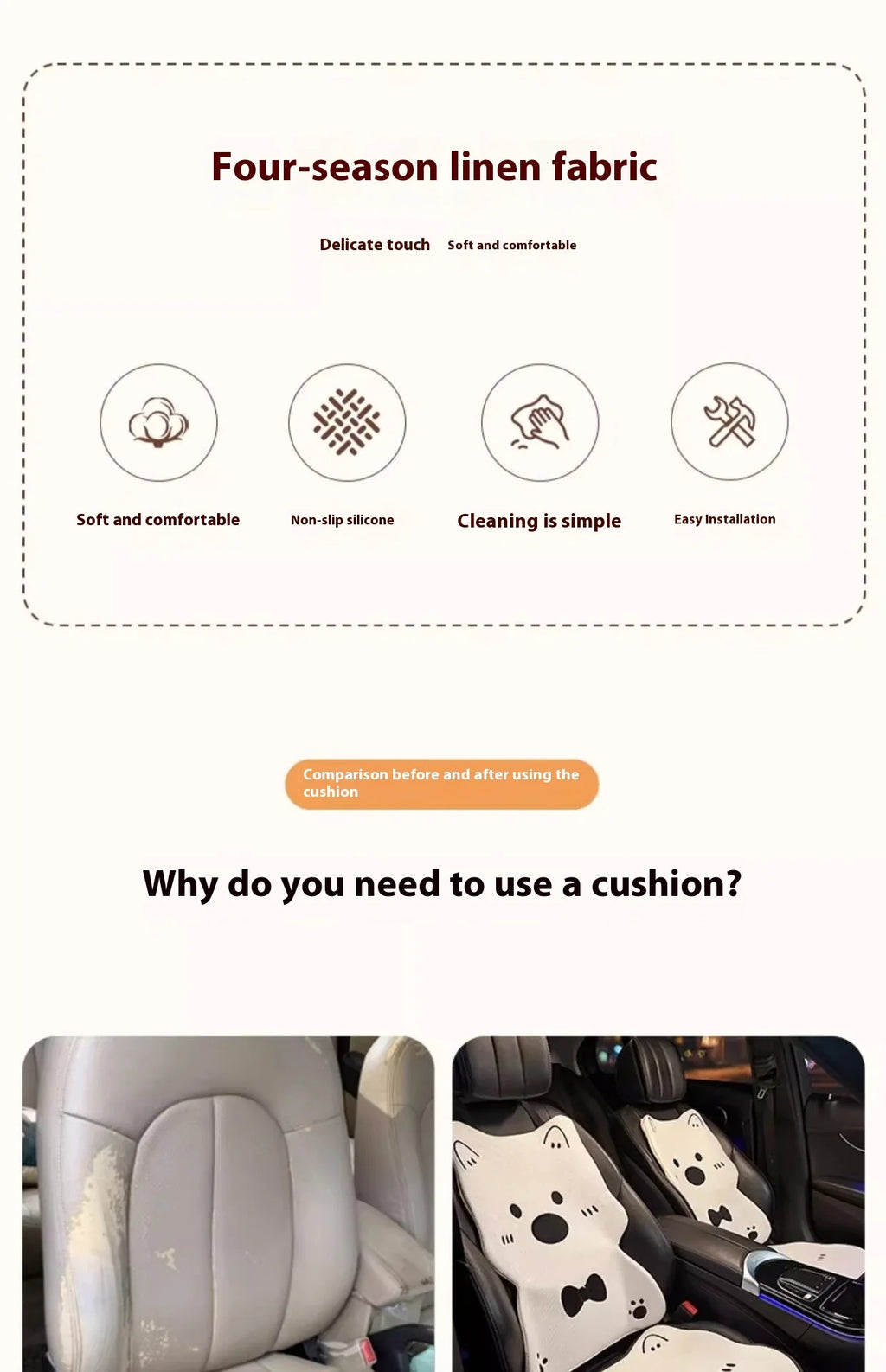 Car Seat Cushion Cute Cat Lumbar Support Headrest Car Accessories Breathable Linen Fabric  Car Half Pack Seat Cover