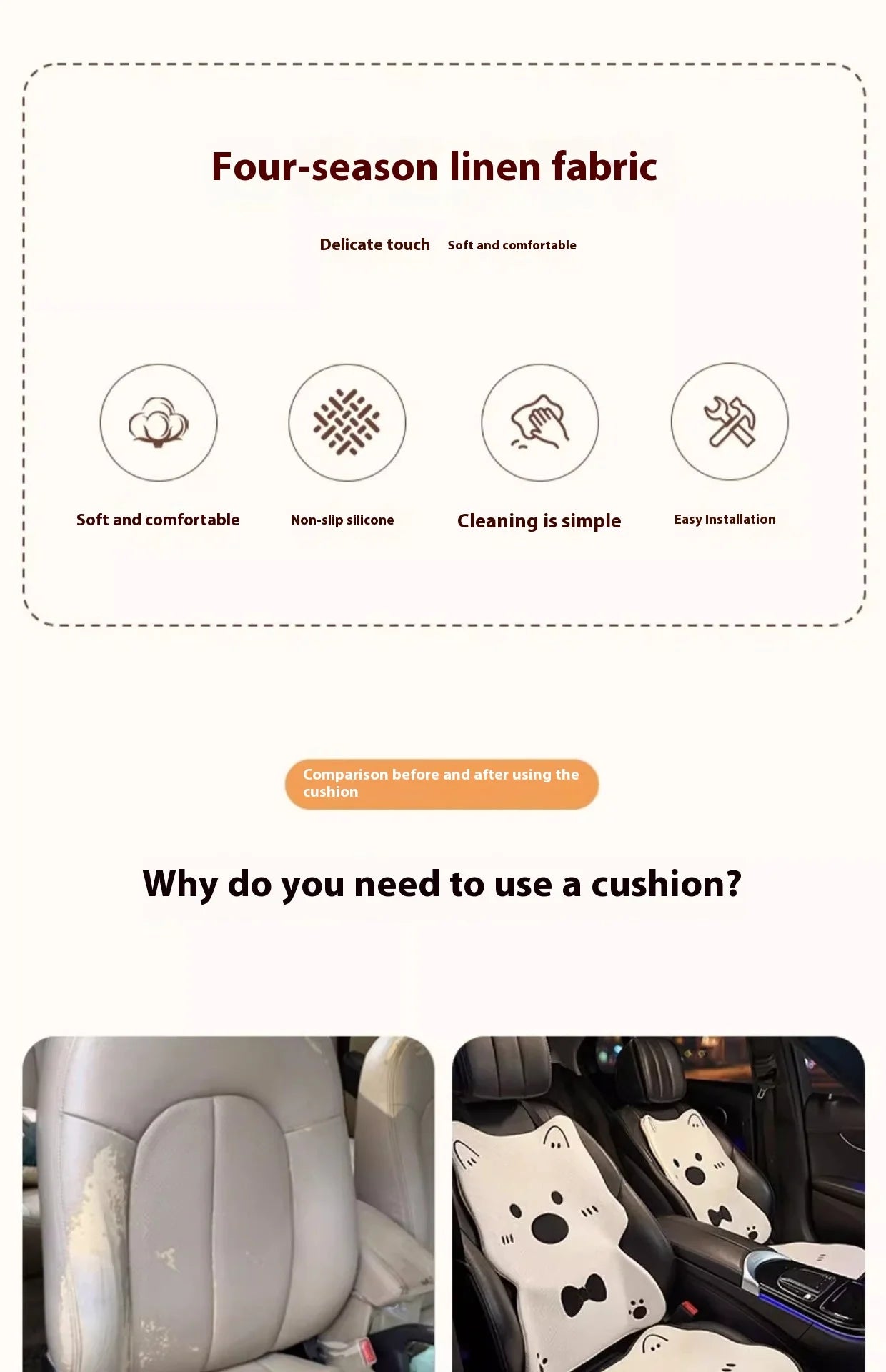 Car Seat Cushion Cute Cat Lumbar Support Headrest Car Accessories Breathable Linen Fabric  Car Half Pack Seat Cover