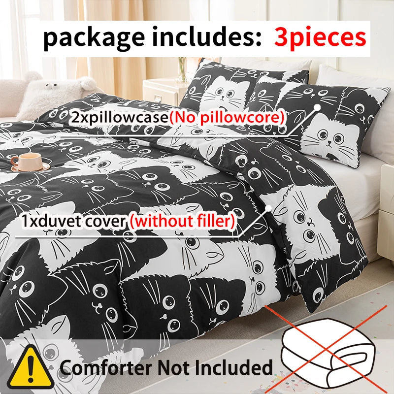3pcs Cat Print Duvet Cover Set, Soft Skin-Friendly Bedding Set Includes 1 Duvet Cover And 2 Pillowcases