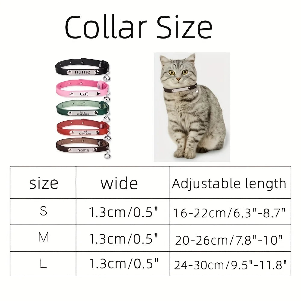 Cat Collar Personalized with Bell, First Layer Leather Custom Engraved NamePlate ID Tag Phone Number, Cute Pet Puppy Kitten Coll