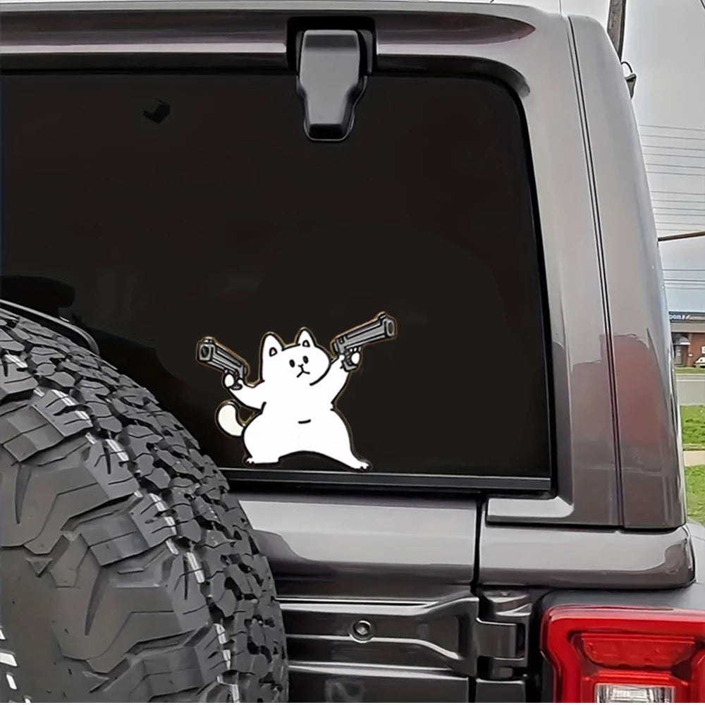 1 pc car sticker cat with double guns personality sticker wall sticker computer sticker waterproof sticker