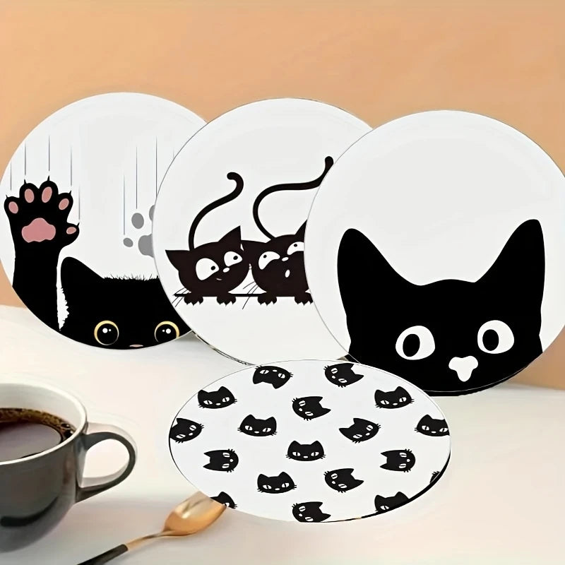 6 Pieces 2D Wooden Coasters Black and White Cat Pattern Theme Desktop Heat Mats Home Decor Coffee Cup Coasters Office