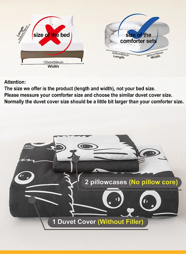3pcs Cat Print Duvet Cover Set, Soft Skin-Friendly Bedding Set Includes 1 Duvet Cover And 2 Pillowcases