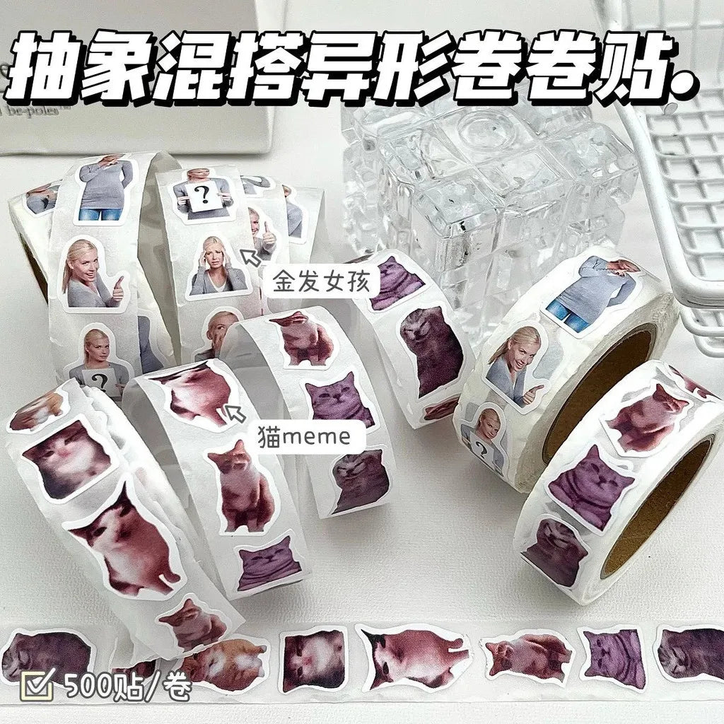 500PCS/Roll Cat Meme Stickers 7 Styles Funny Cat Stickers Cute Animal Decals Vinyl Waterproof Sticker for Scrapbooking DIY