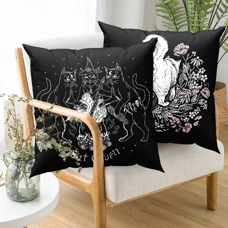 Cat Mysterious Divination Witchcraft Cushion Cover Pillow  Black Polyester Throw  Home Decoration