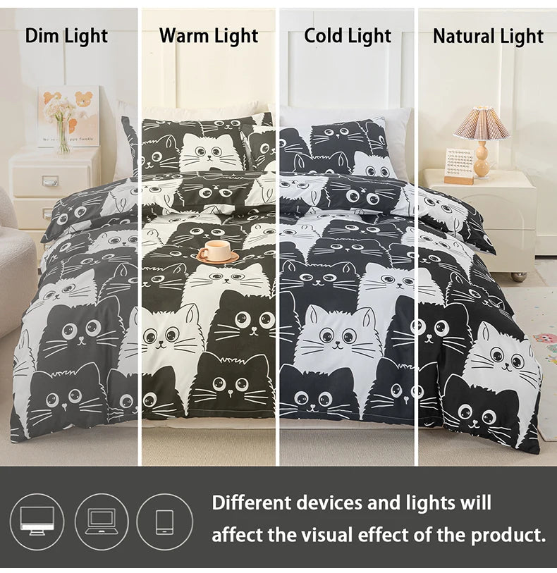 3pcs Cat Print Duvet Cover Set, Soft Skin-Friendly Bedding Set Includes 1 Duvet Cover And 2 Pillowcases