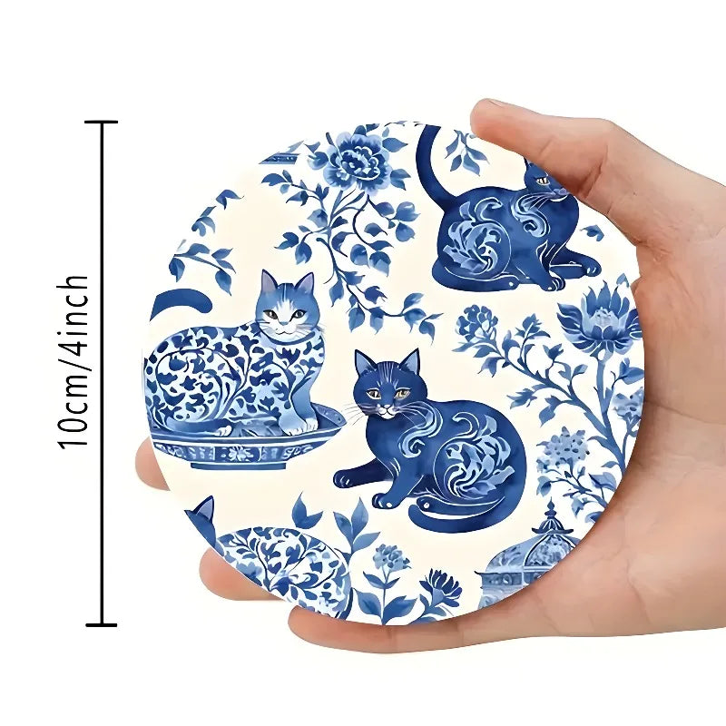 Coaster Set of 6 - Ceramic Cat Wooden Base with Floral Feline Illustration, Perfect for Coffee Table Kitchen Living Room Decor