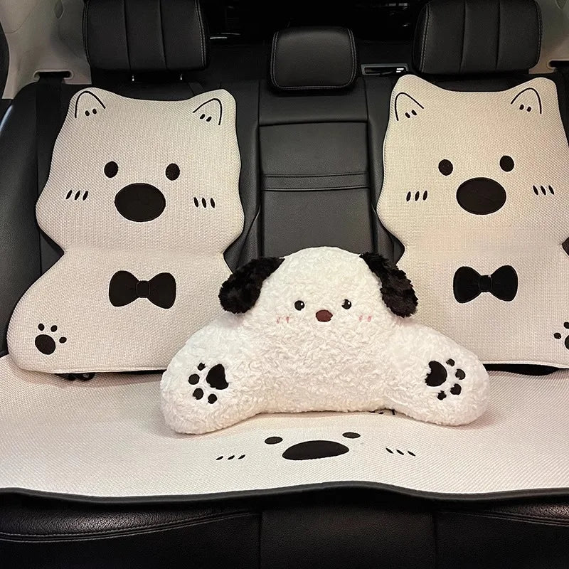 Car Seat Cushion Cute Cat Lumbar Support Headrest Car Accessories Breathable Linen Fabric  Car Half Pack Seat Cover