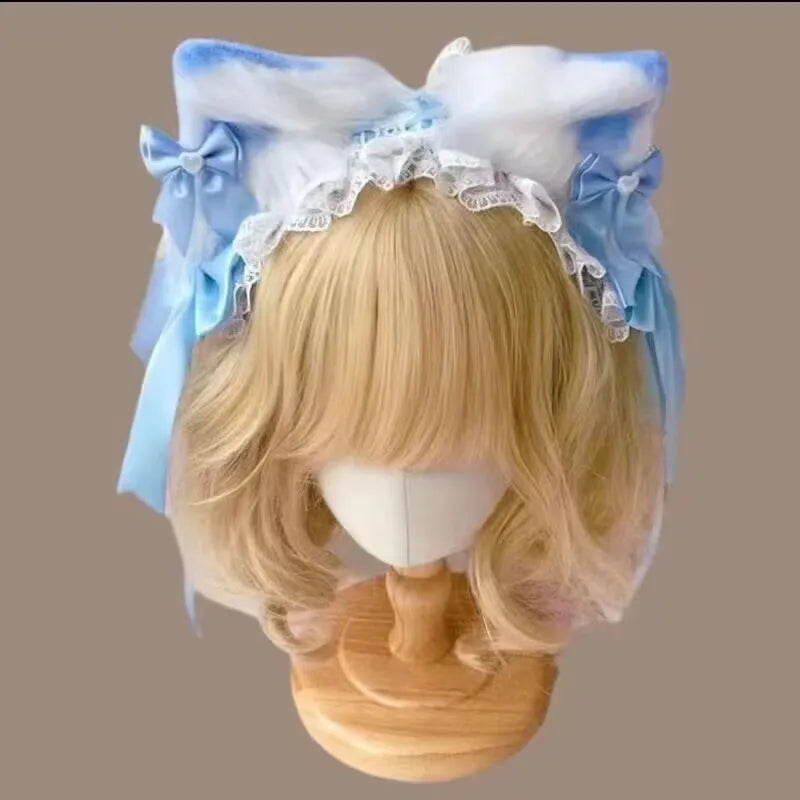 Bow Cat Ear Hairband Hair Hoop for Women Sweet Lace Headdress Cosplay Anime Headbands Cute Plush Ears Ribbon Hair Accessories