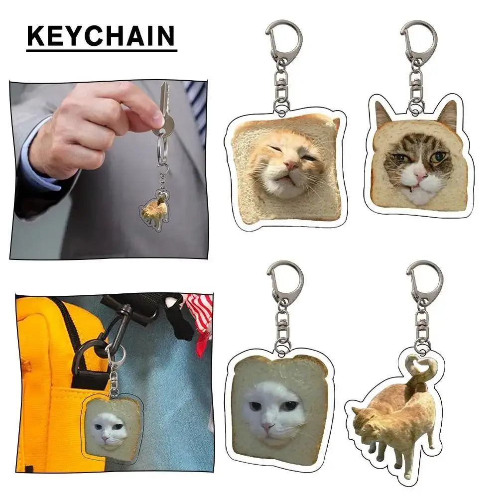 Cartoon Happy Funny Cat Keychain Small Acrylic Toast Cat Pendant Key Ring Portable Bag Accessories Bag Pendant Keyring Women