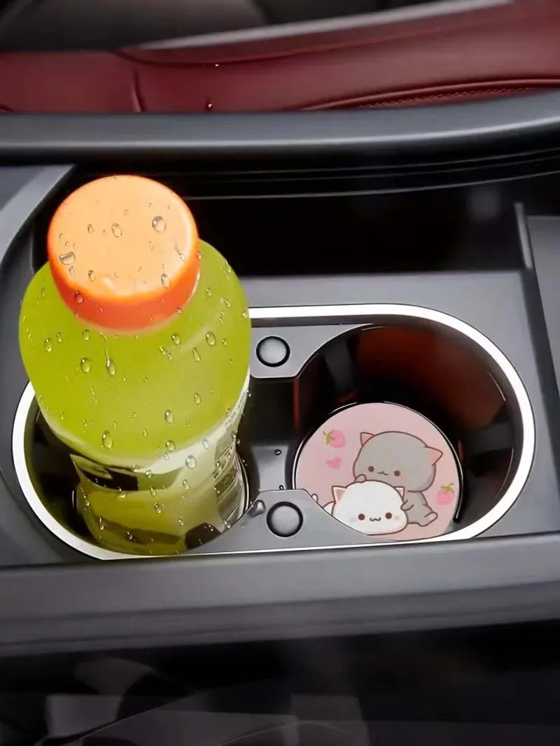 2Pc of Strawberry Cartoon Cat Coasters, Absorbent Coasters for Car Cup Holders
