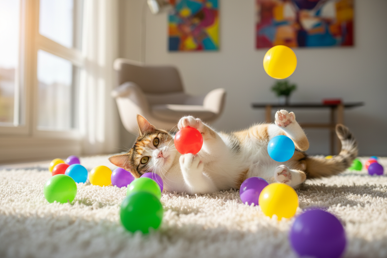 cat with colourful balls