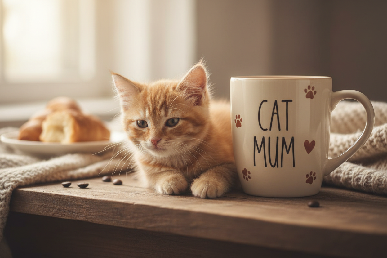 Kitten with a coffe mug, the coffe mug says cat mum on it