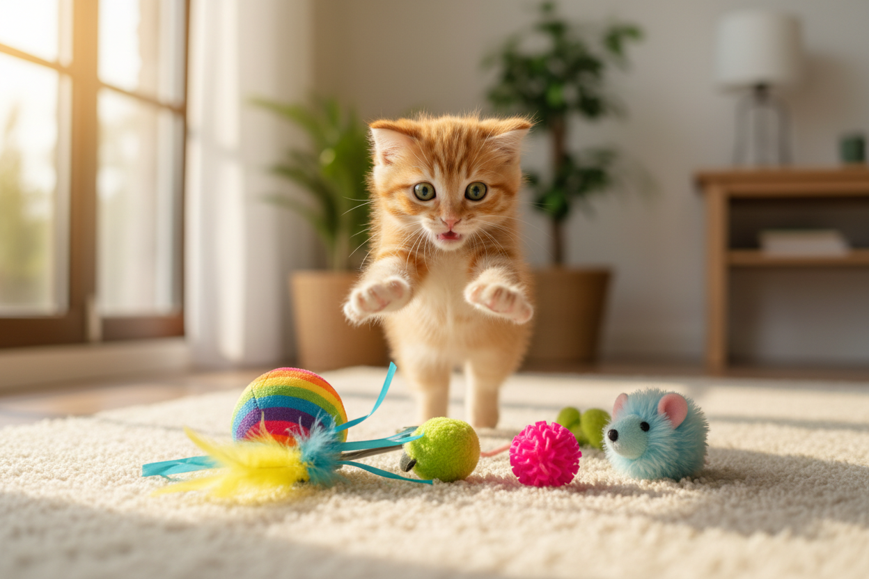 playful kitten pouncing with coloiurful toys